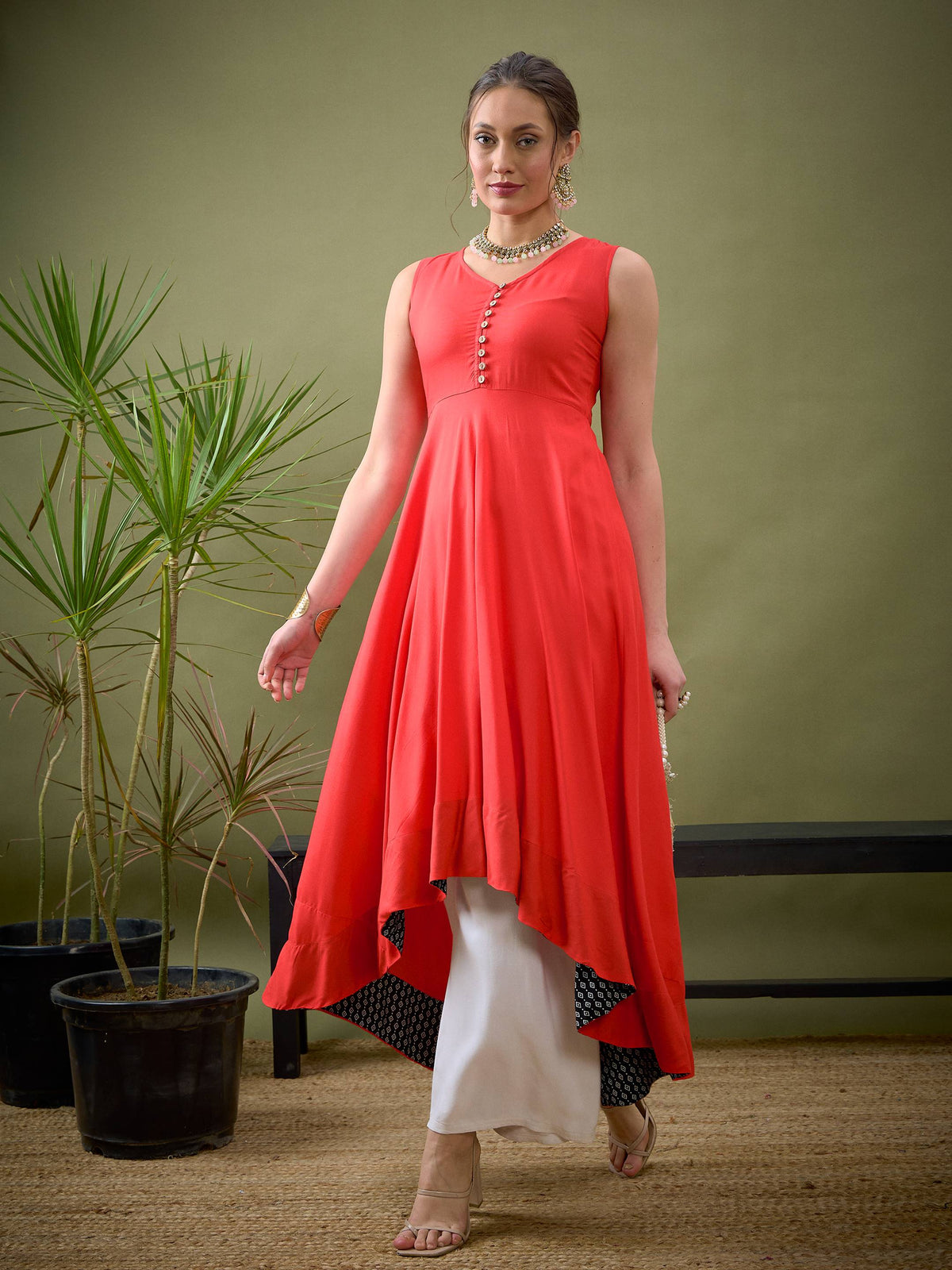 Red High Low Anarkali Maxi Dress-Shae by SASSAFRAS