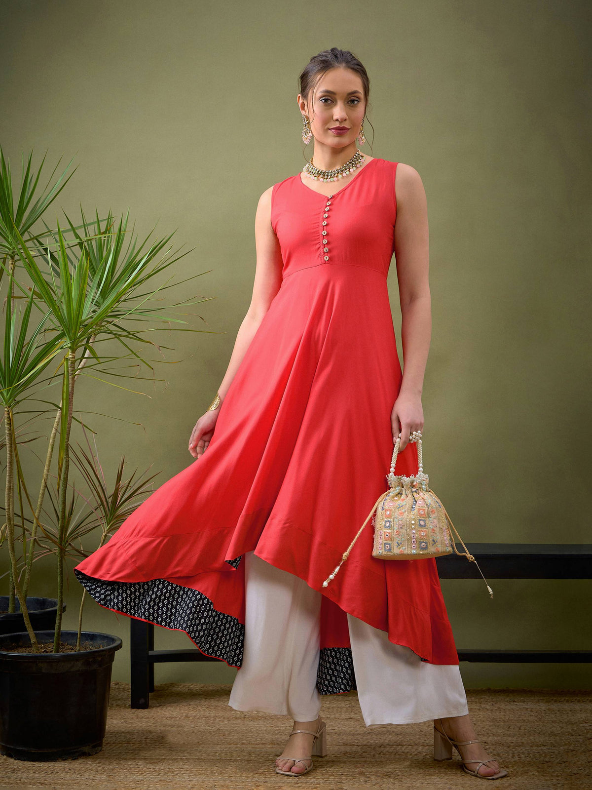Red High Low Anarkali Maxi Dress-Shae by SASSAFRAS