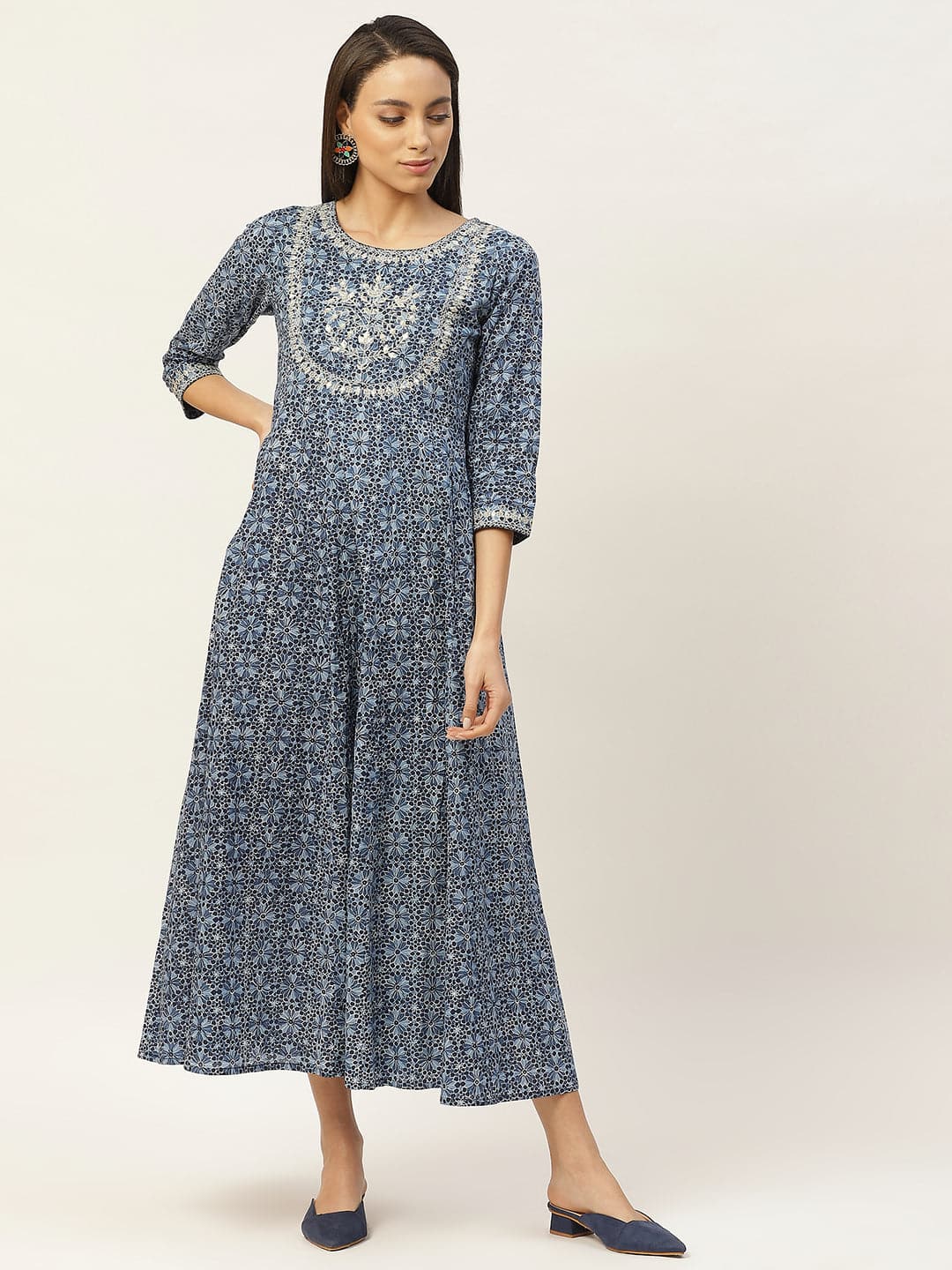 Indigo Floral Zari Embroidery Anarkali Dress-Dress-SASSAFRAS