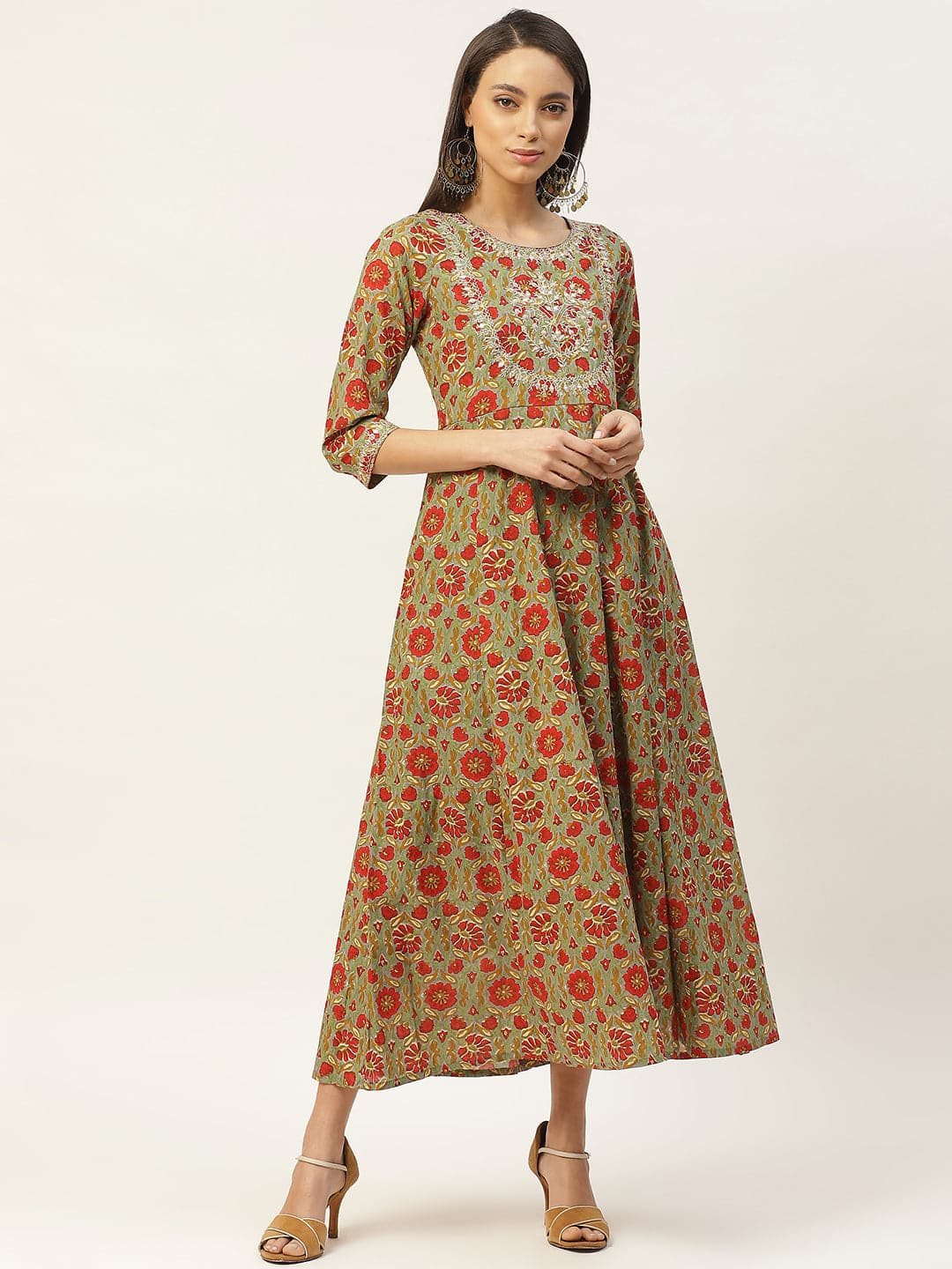 Grey Floral Zari Embroidery Anarkali Dress-Dress-SASSAFRAS