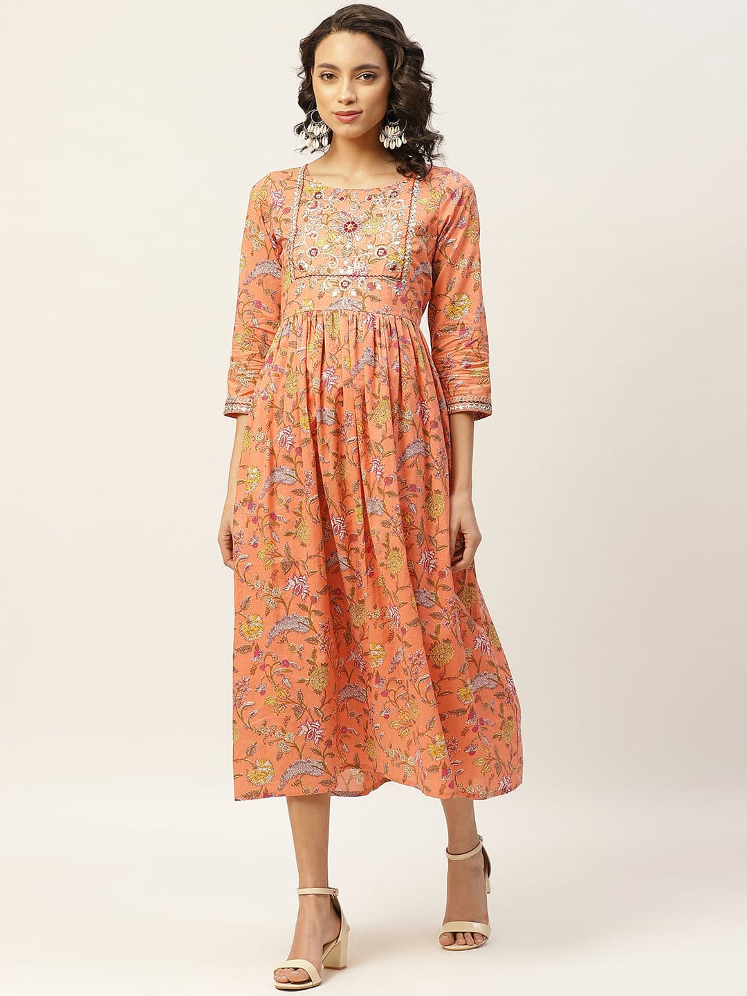 Peach Floral Zari Embroidery Gathered Dress-Dress-SASSAFRAS