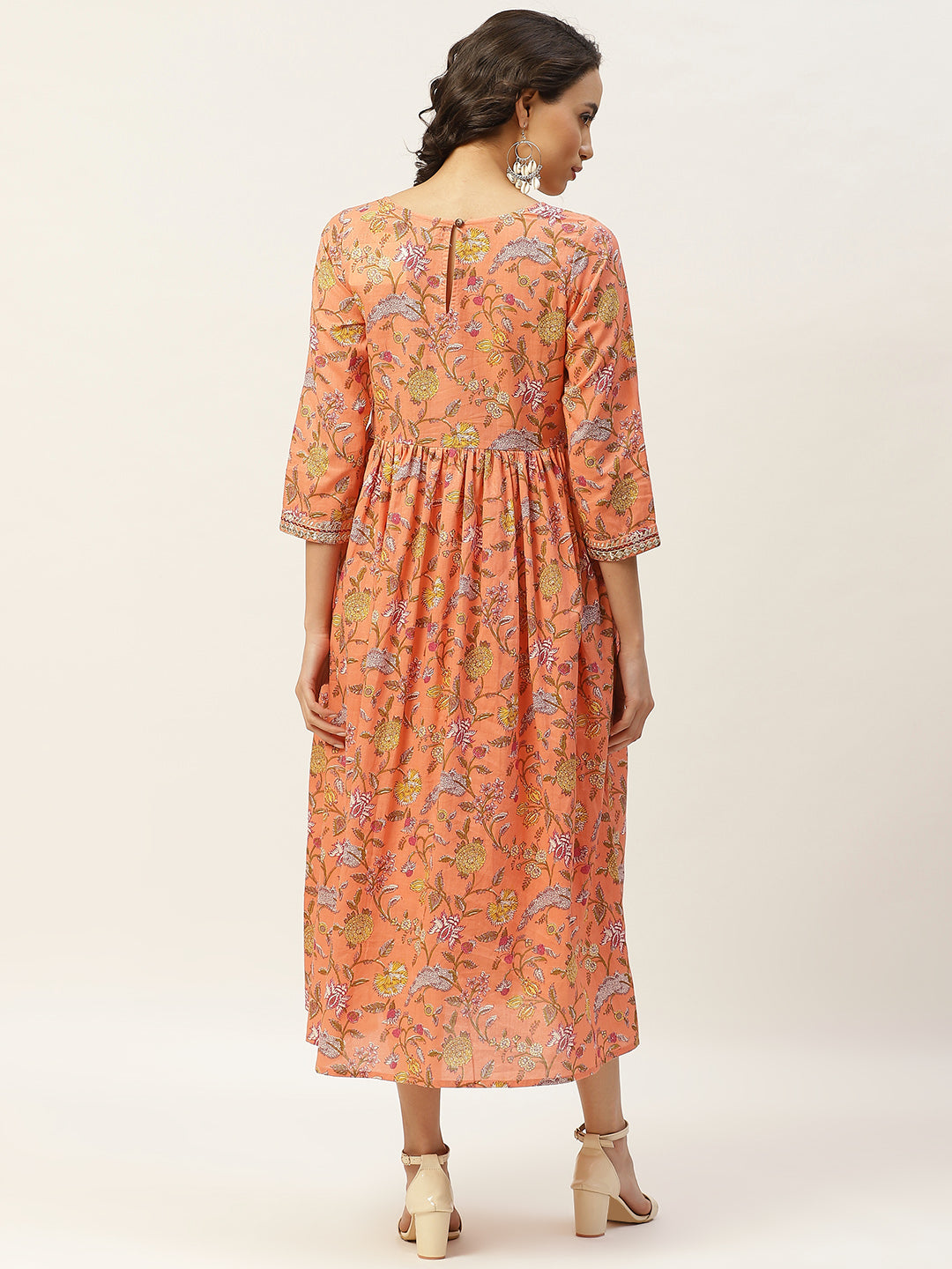 Peach Floral Zari Embroidery Gathered Dress