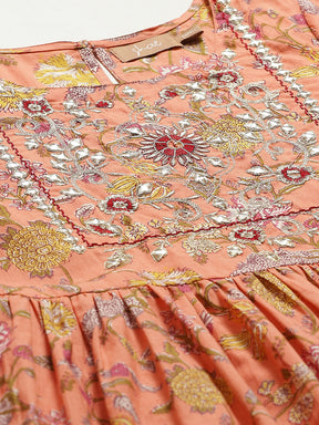 Peach Floral Zari Embroidery Gathered Dress