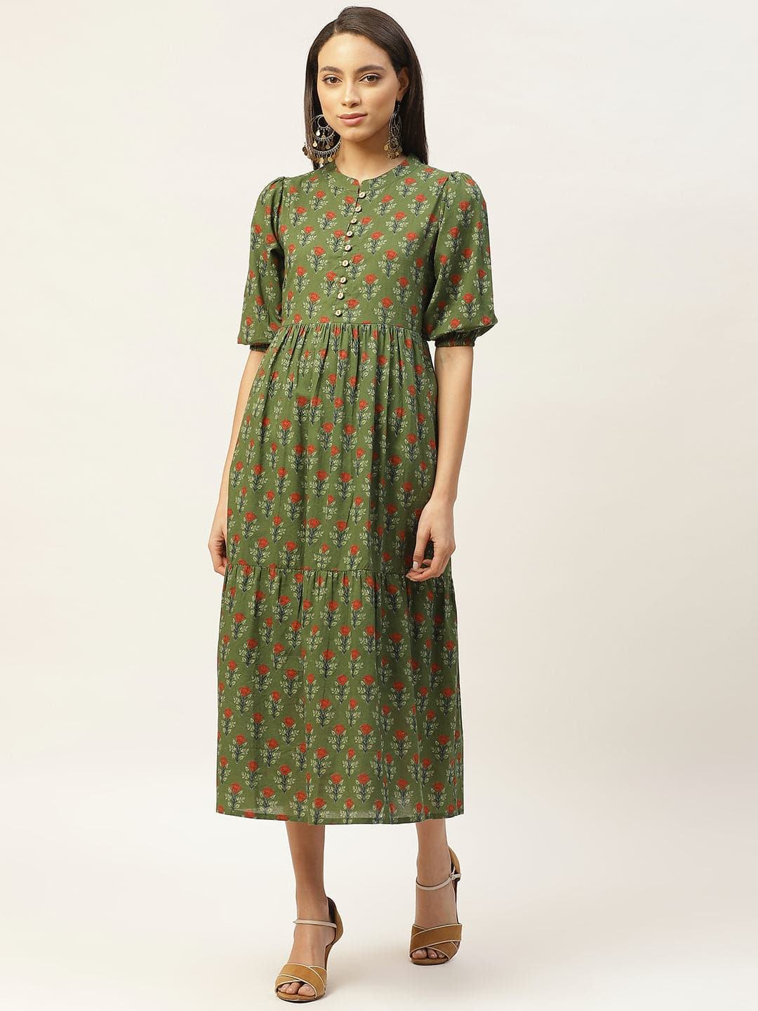 Green Floral Tiered Midi Dress-Dress-SASSAFRAS