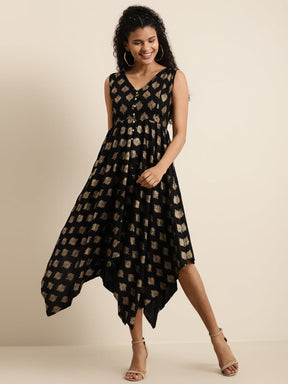 Black Floral Foil Print Asymmetric Dress-Dress-SASSAFRAS
