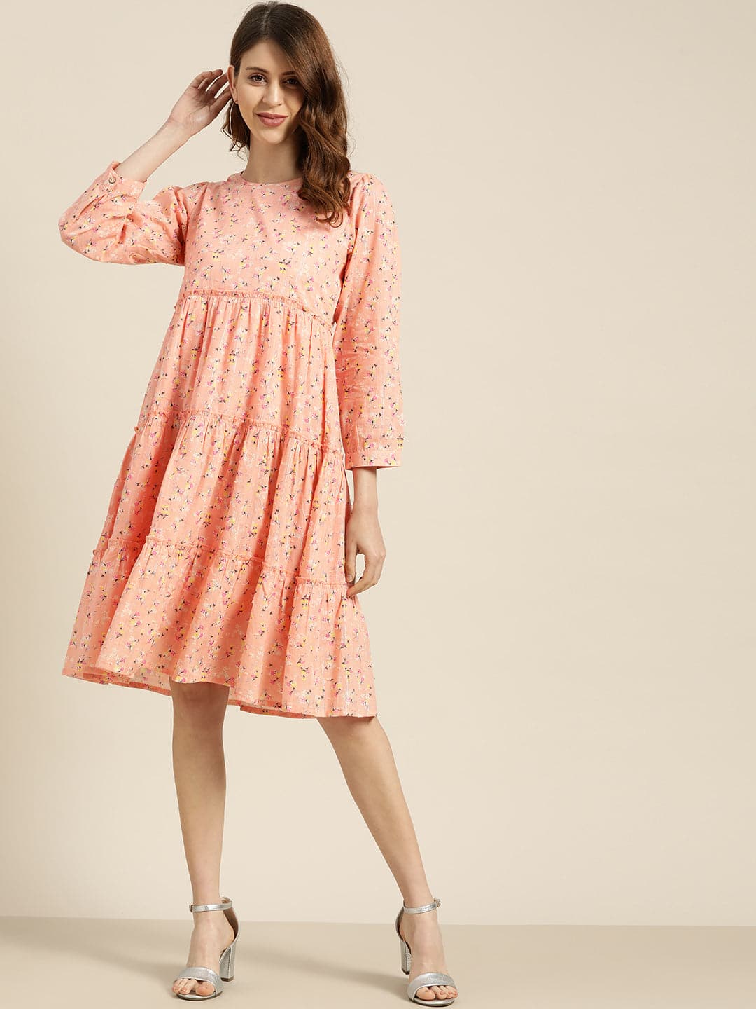 Peach Floral Tiered Midi Dress-Dress-SASSAFRAS