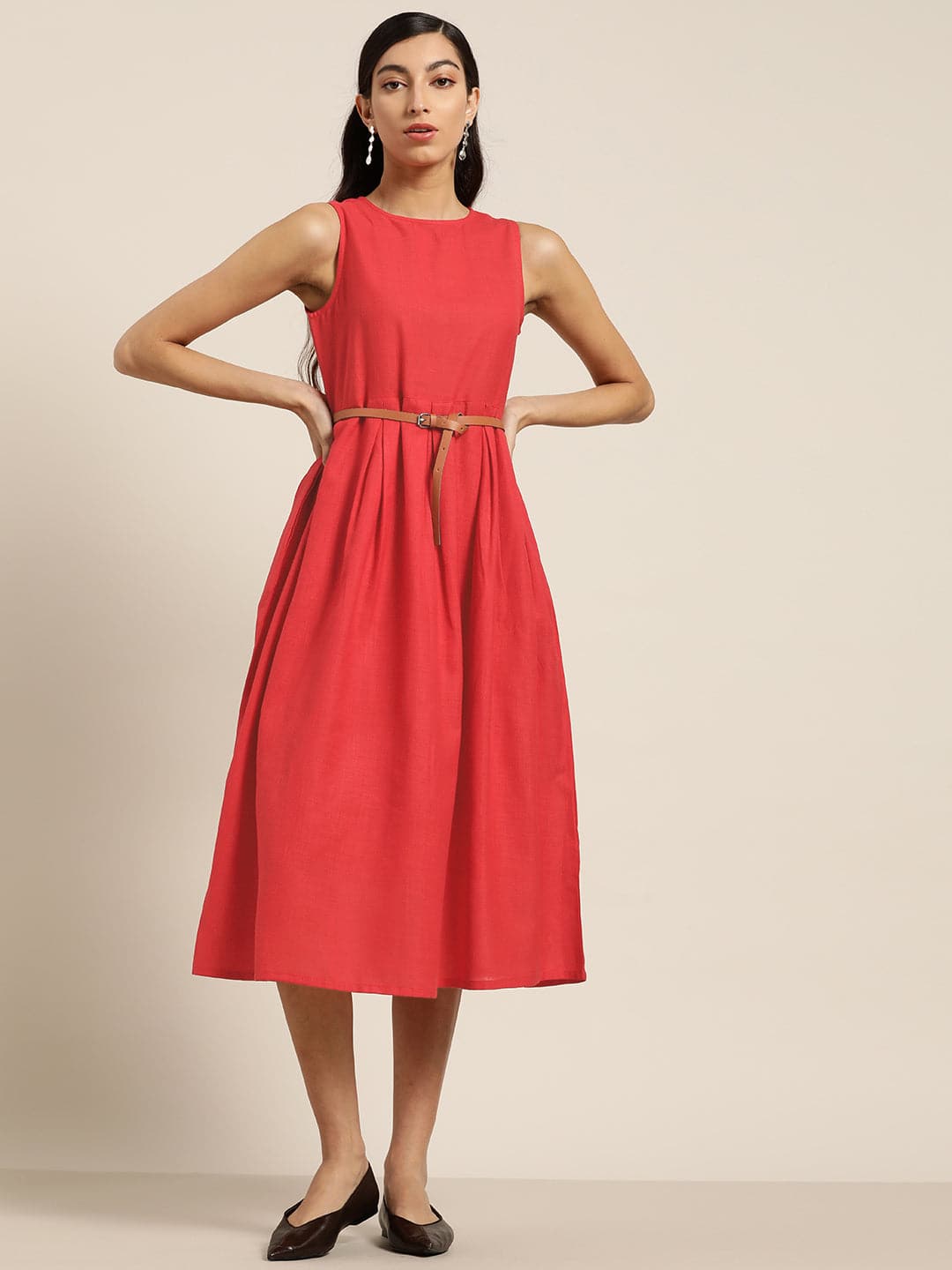 Red Sleeveless Box Pleat Midi Dress-Dress-SASSAFRAS