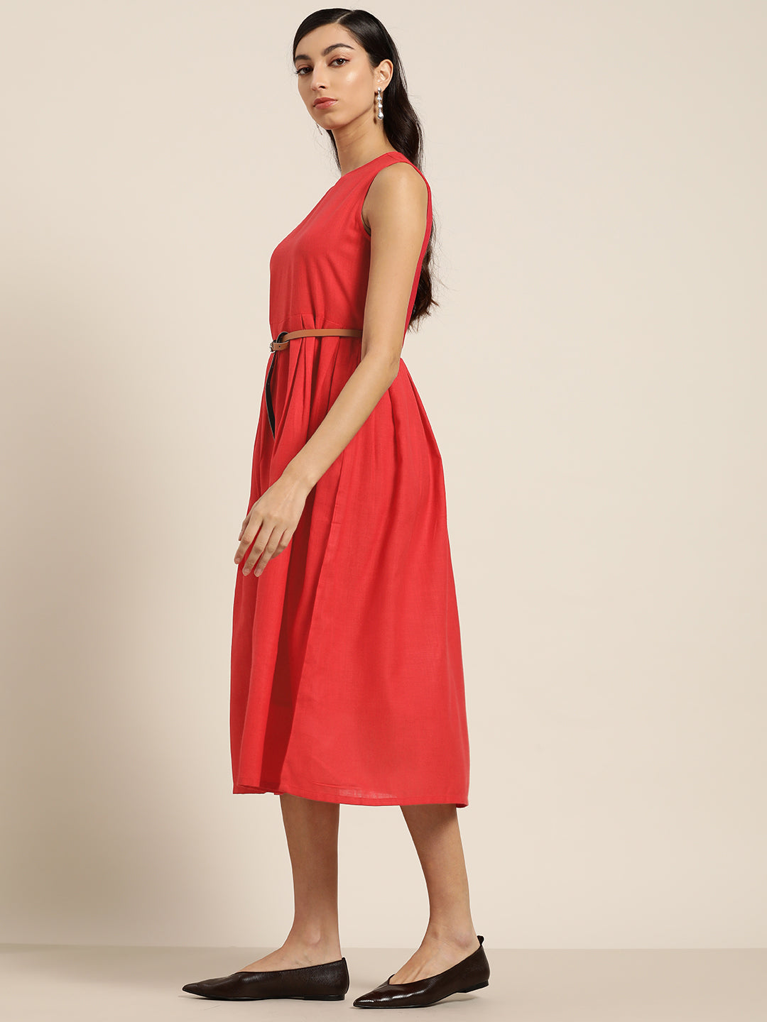 Red Sleeveless Box Pleat Midi Dress