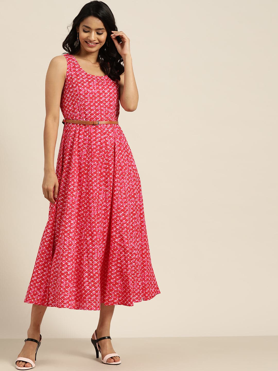 Pink Scallop Print Sleeveless Anarkali Dress-Dress-SASSAFRAS