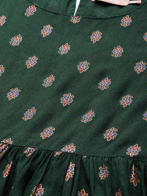 Emerald Booti Floral Border Print Gathered Dress