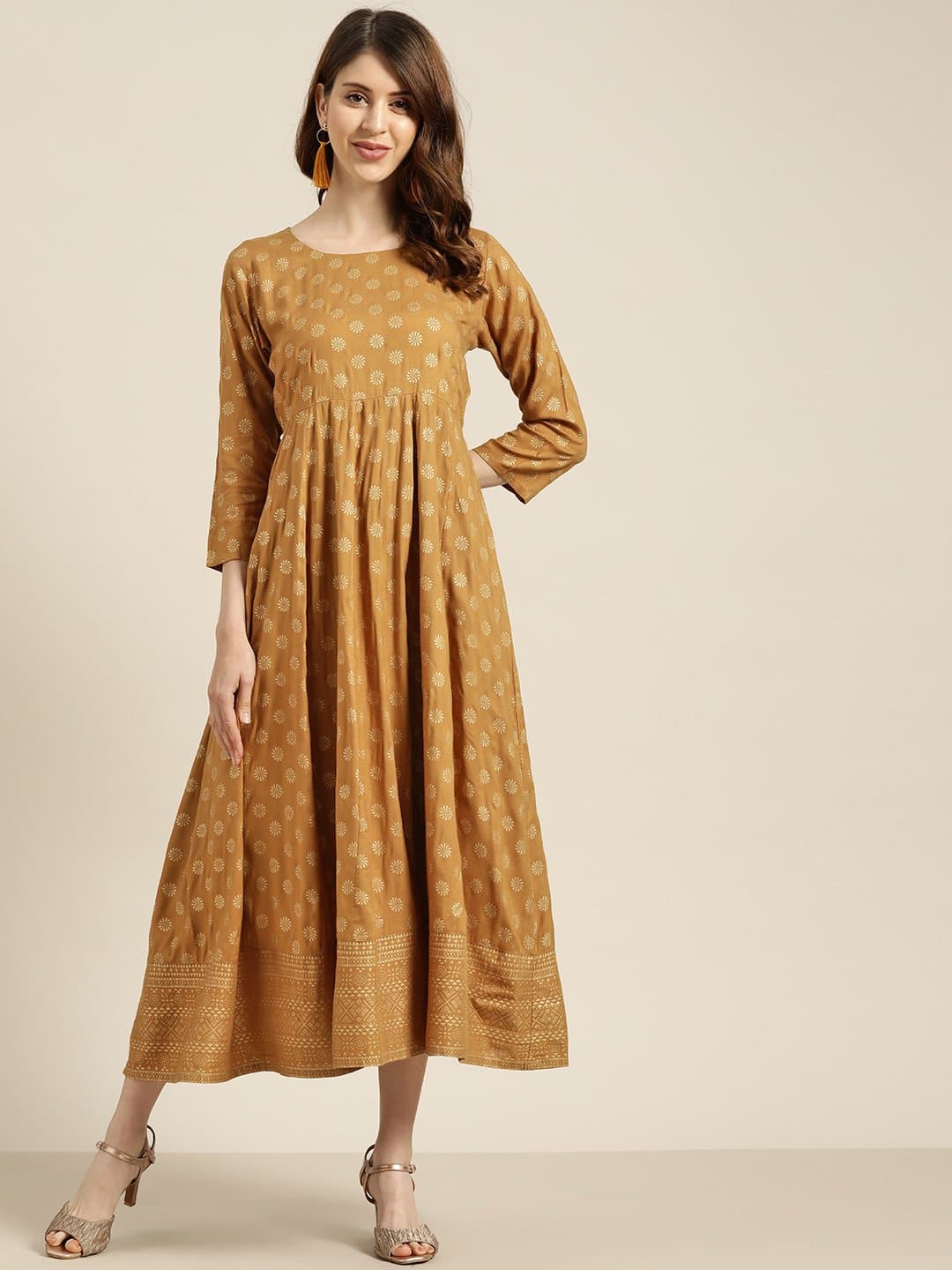 Mustard Foil Print Anarkali Maxi Dress-Dress-SASSAFRAS
