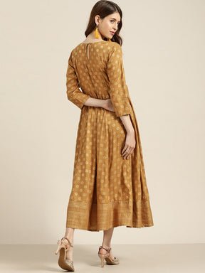 Mustard Foil Print Anarkali Maxi Dress