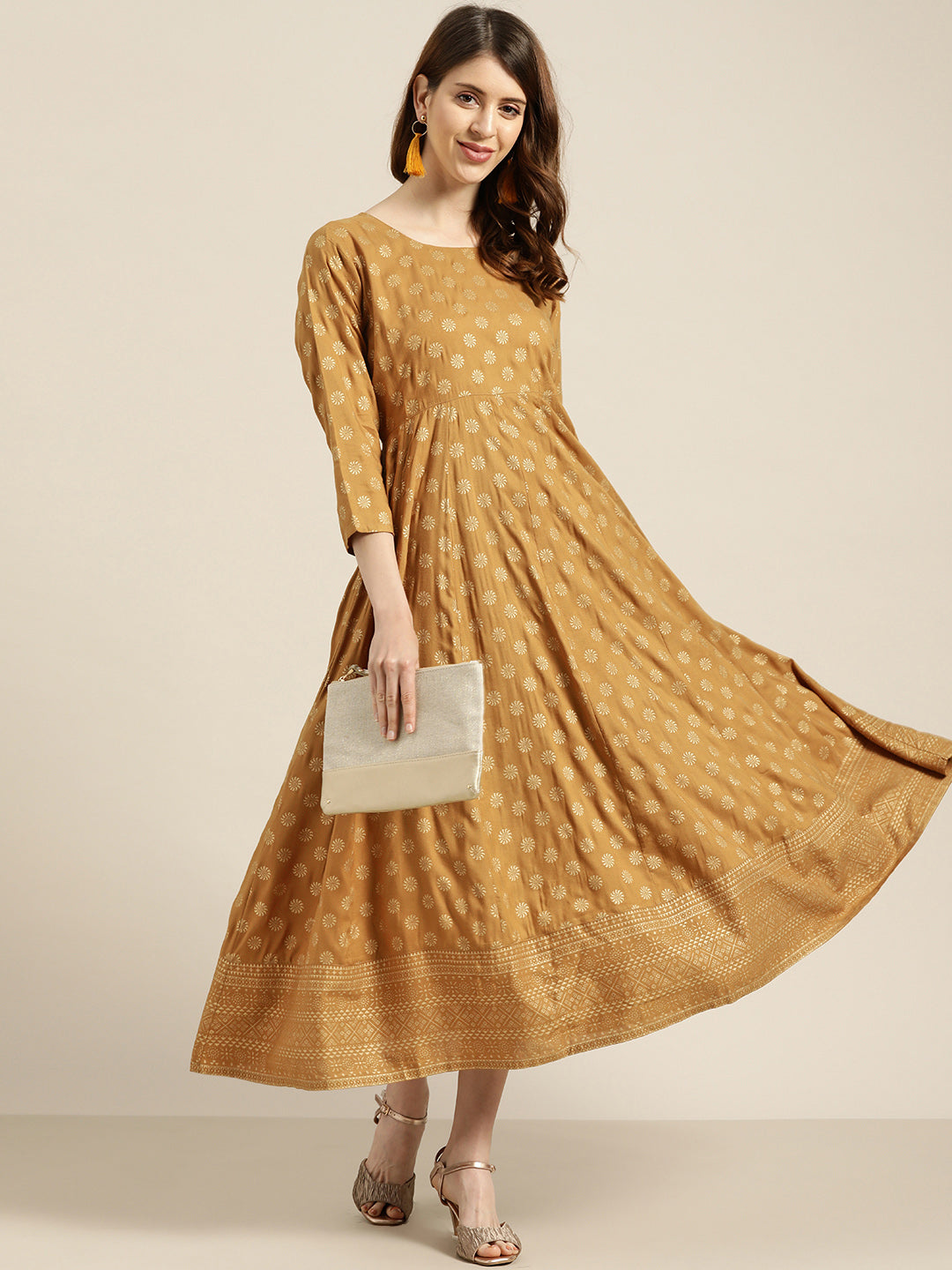 Mustard Foil Print Anarkali Maxi Dress