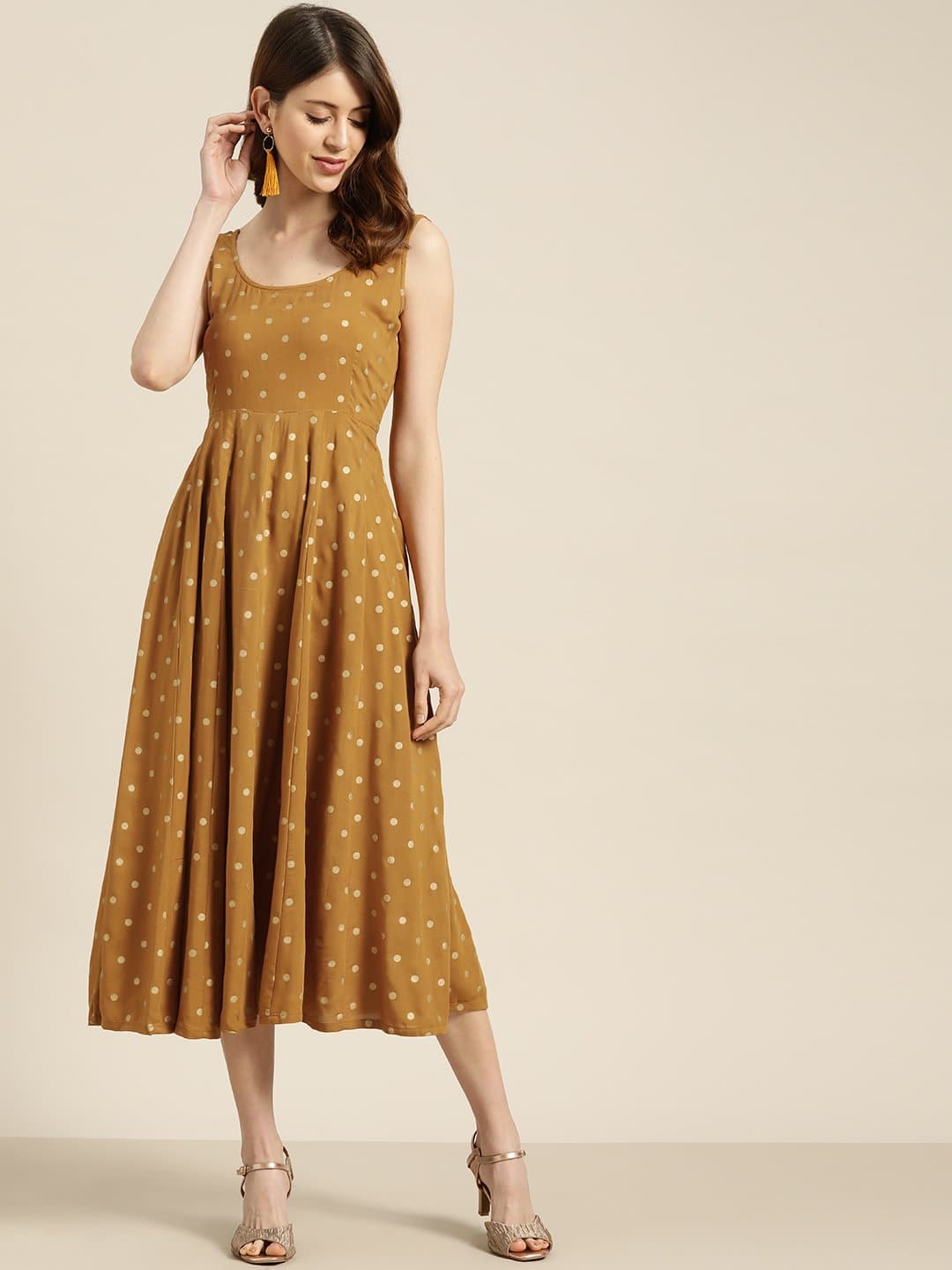 Mustard Foil Print Sleeveless Anarkali Dress-Dress-SASSAFRAS