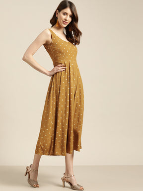 Mustard Foil Print Sleeveless Anarkali Dress