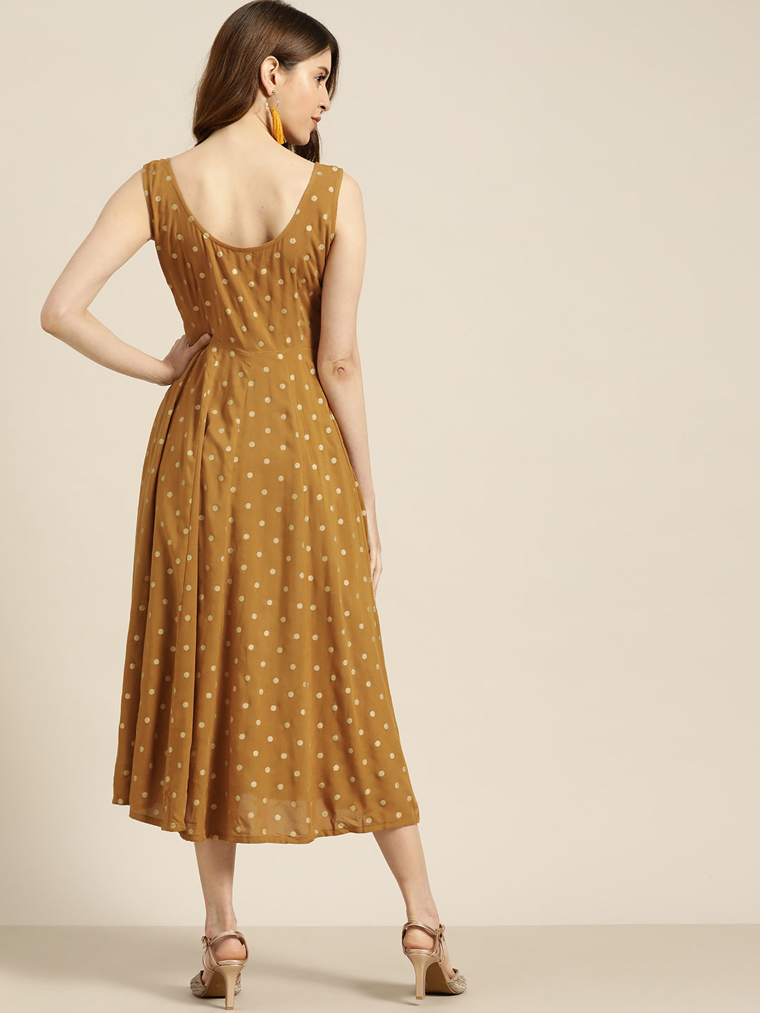 Mustard Foil Print Sleeveless Anarkali Dress