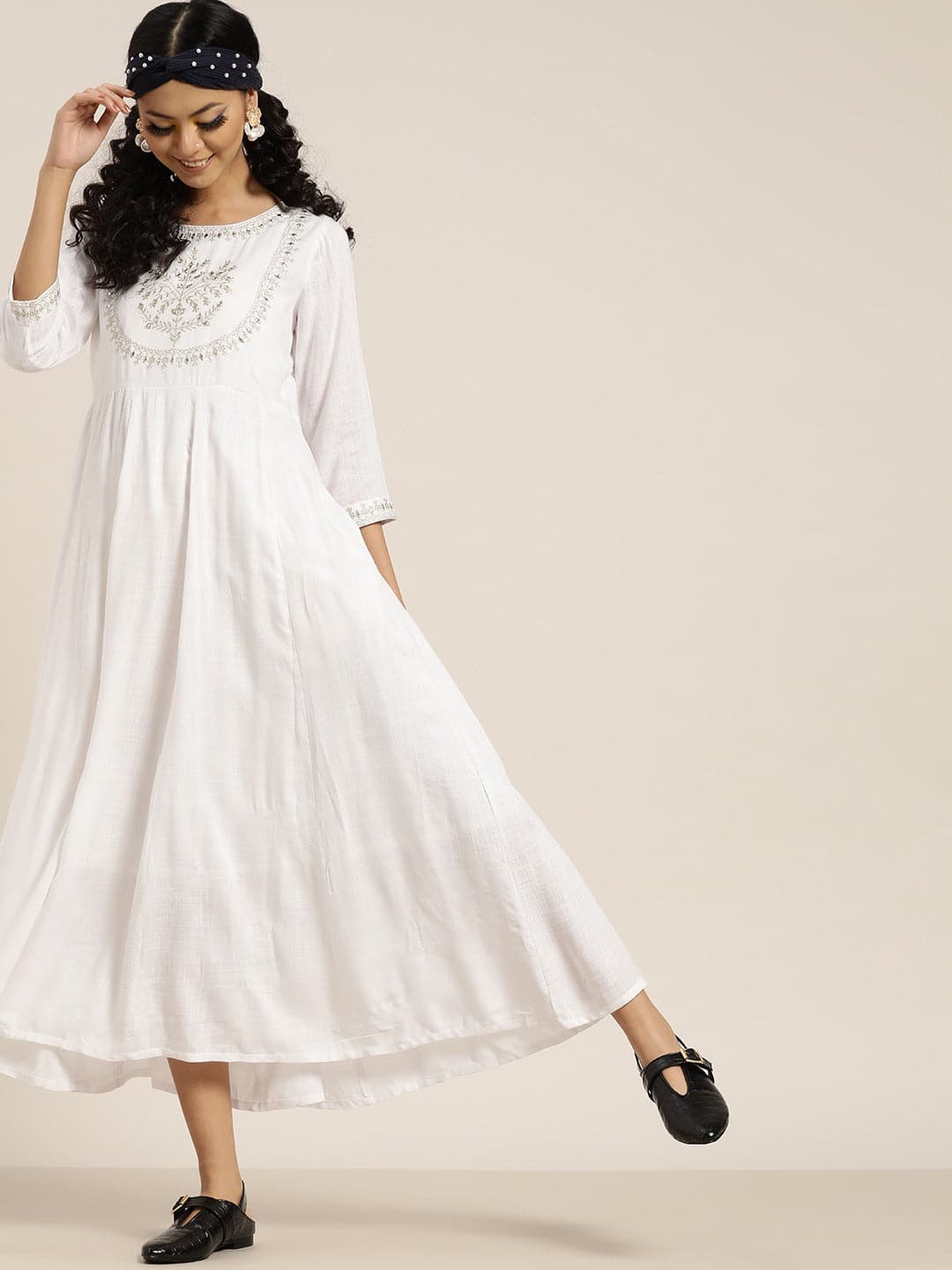 Women White Zari Embroidery Anrakali Maxi Dress-Dress-SASSAFRAS