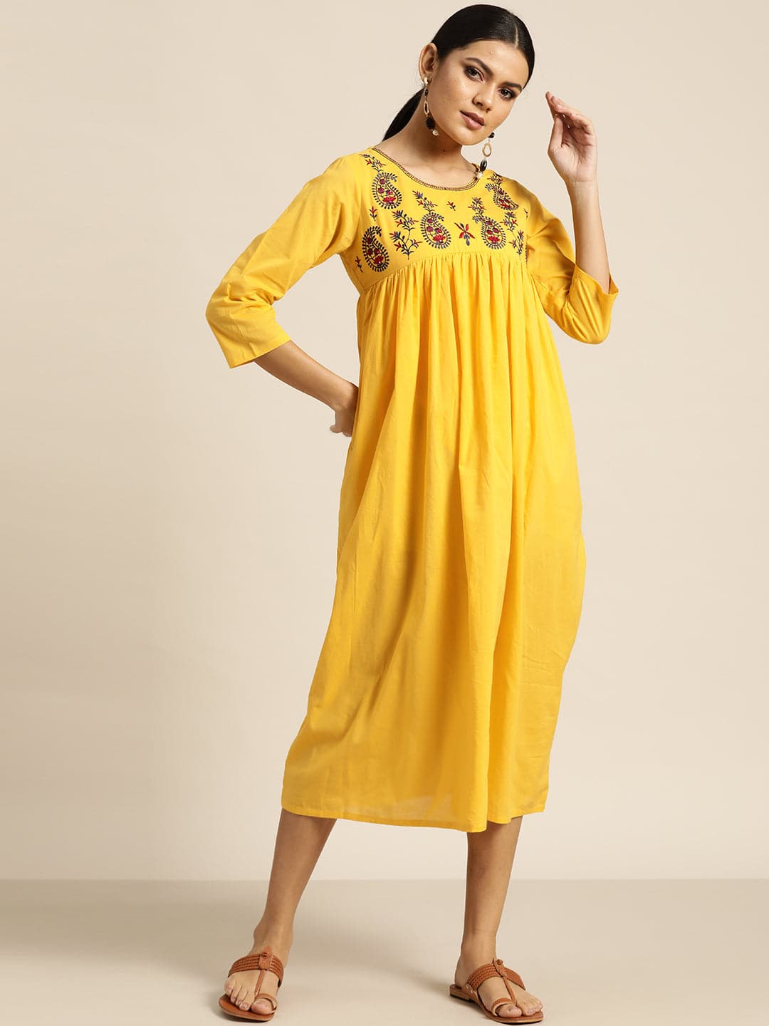 Yellow Paisely Embroidered Gathered Dress-Dress-SASSAFRAS