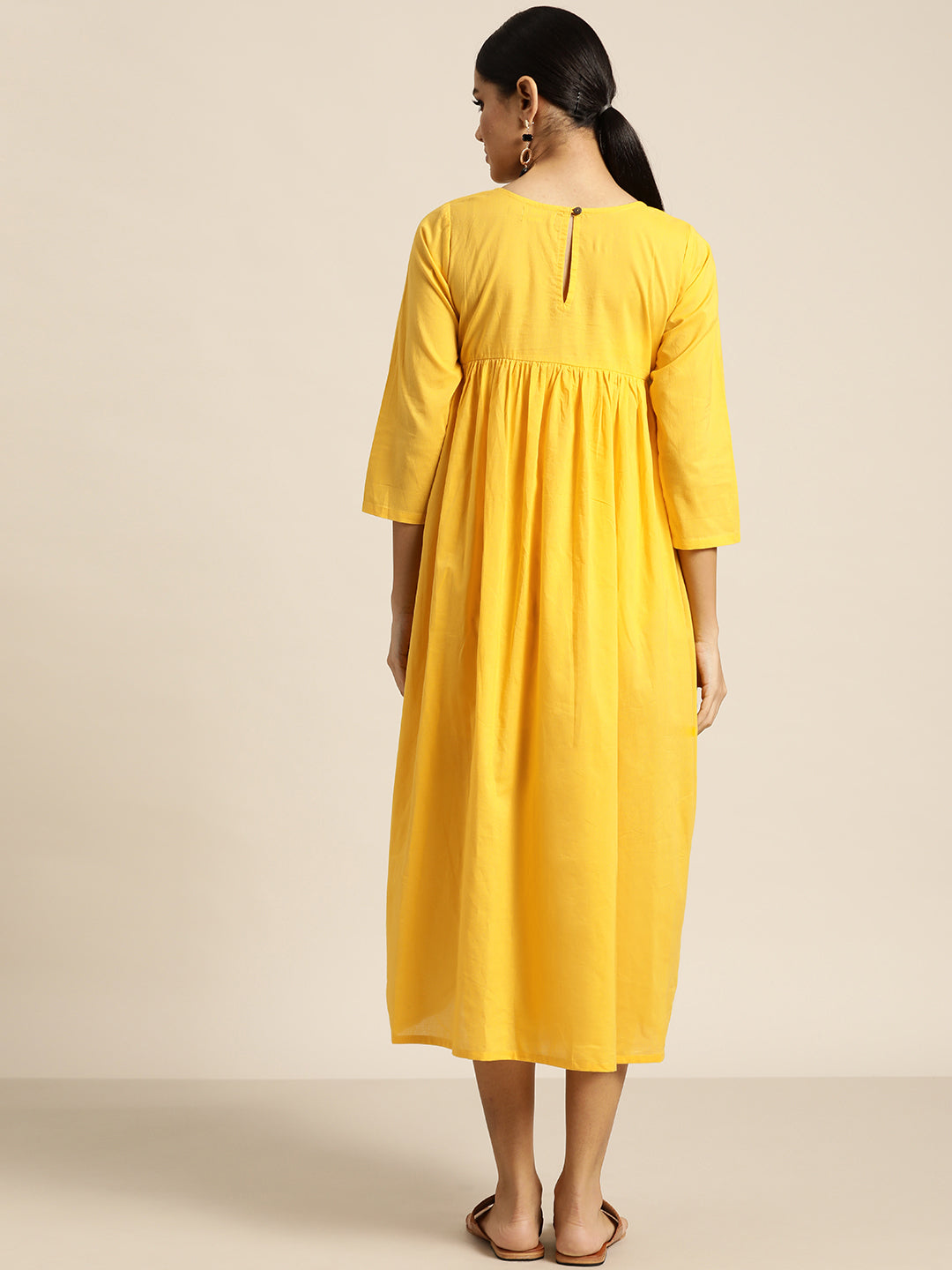 Yellow Paisely Embroidered Gathered Dress