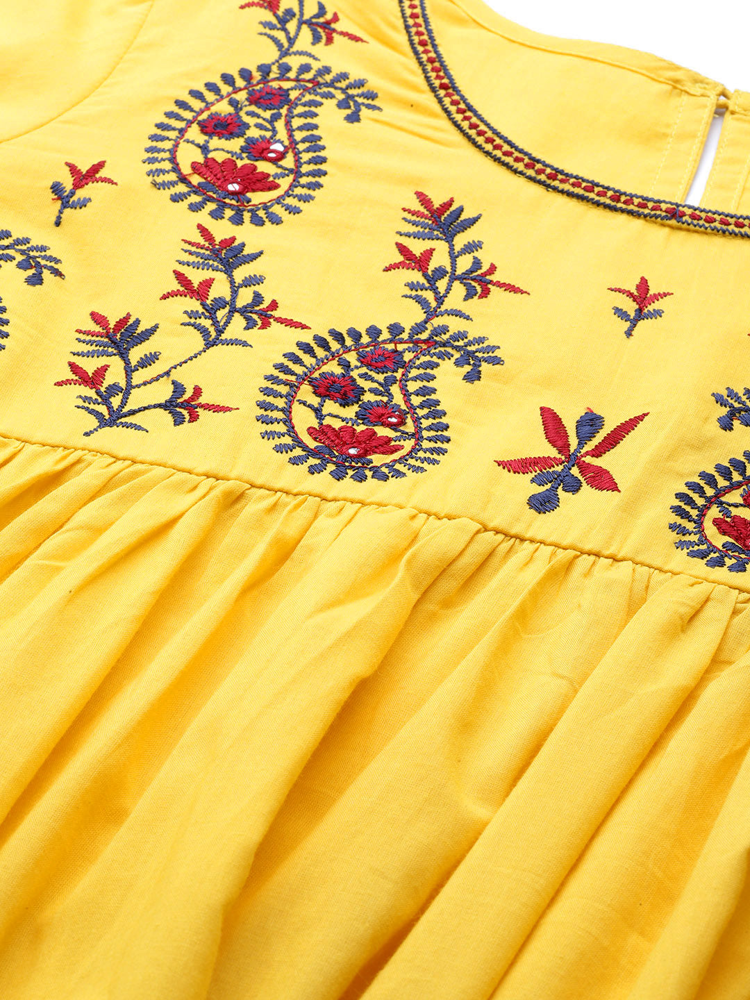 Yellow Paisely Embroidered Gathered Dress