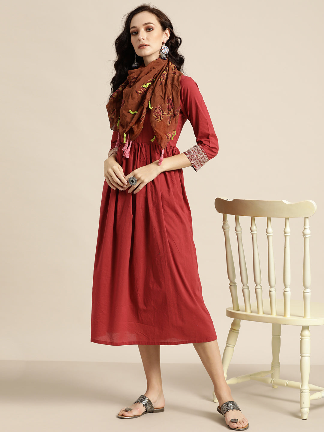 Maroon Cuff Embroidered Gathered Dress