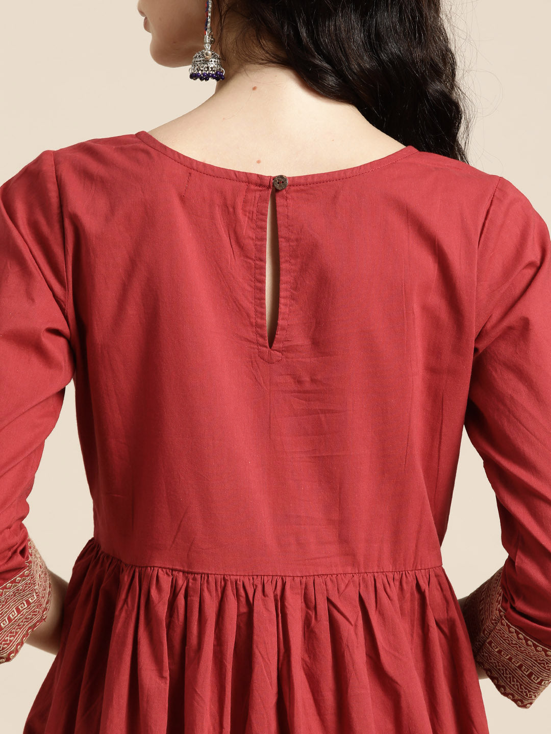 Maroon Cuff Embroidered Gathered Dress