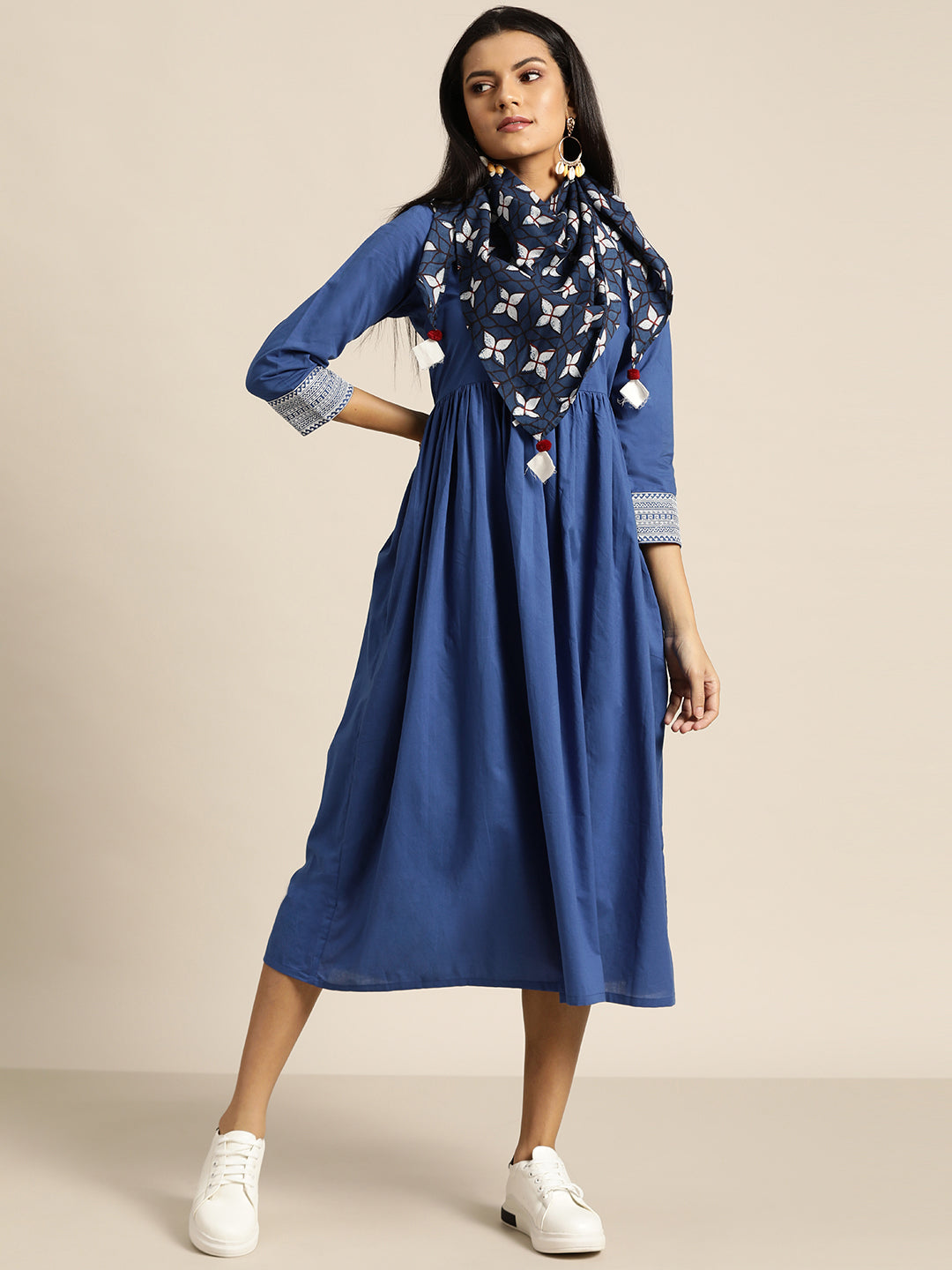 Royal Blue Cuff Embroidered Gathered Dress