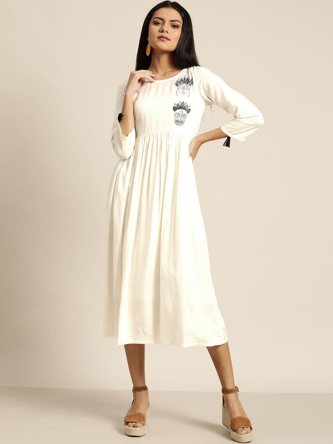 Off White Face Motif Embroidered Liva Dress-Dress-SASSAFRAS