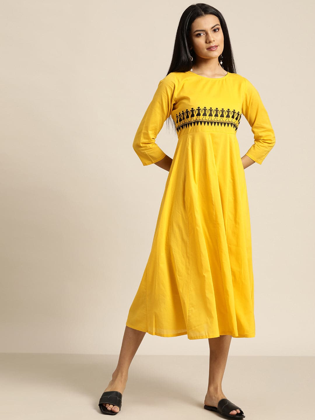 Yellow Waist Embroidered Anarkali Dress-Dress-SASSAFRAS