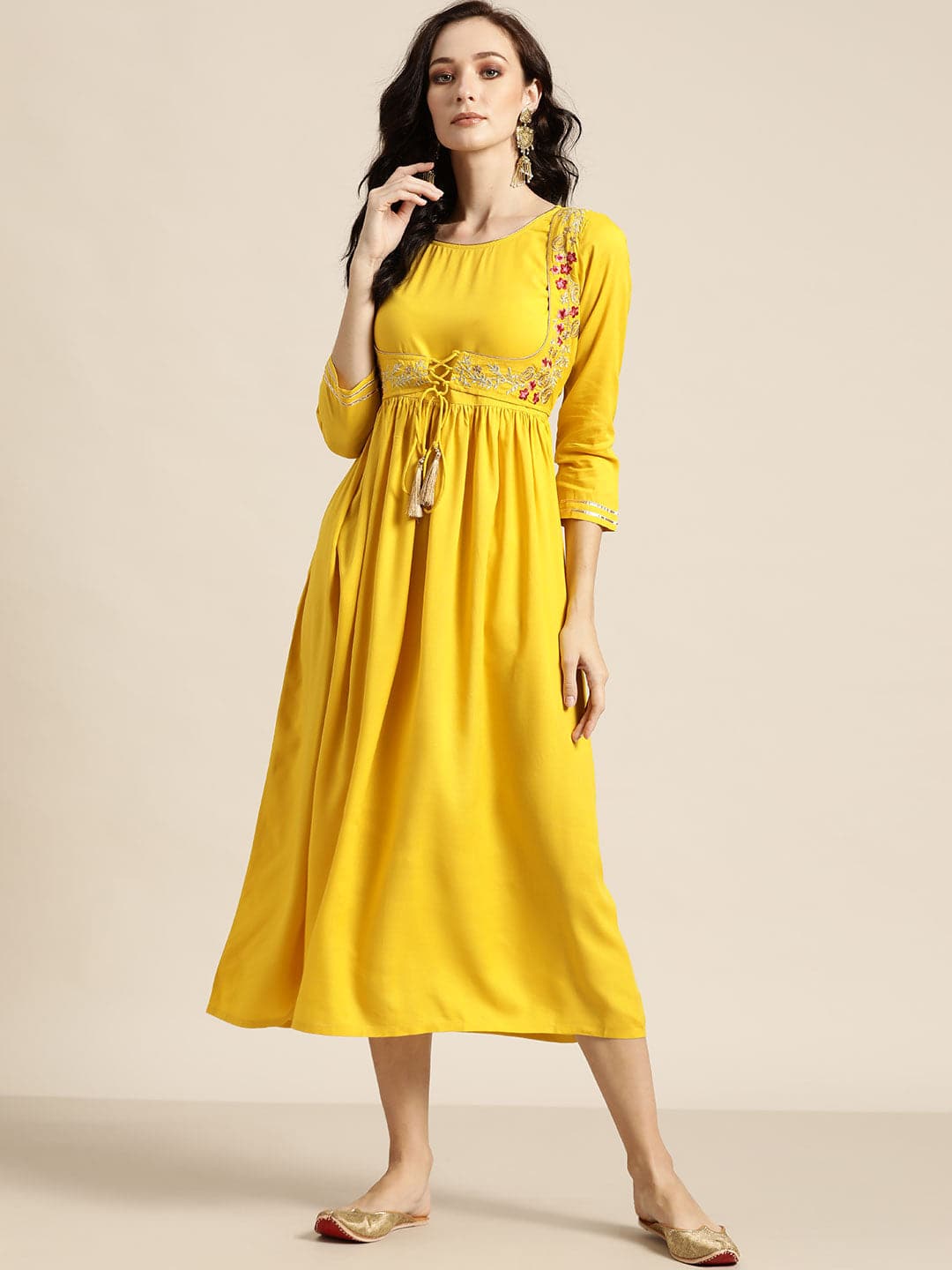 Yellow Zari Embroidered Liva Dress With Jacket-Dress-SASSAFRAS