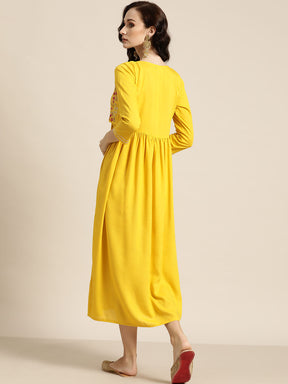 Yellow Zari Embroidered Liva Dress With Jacket