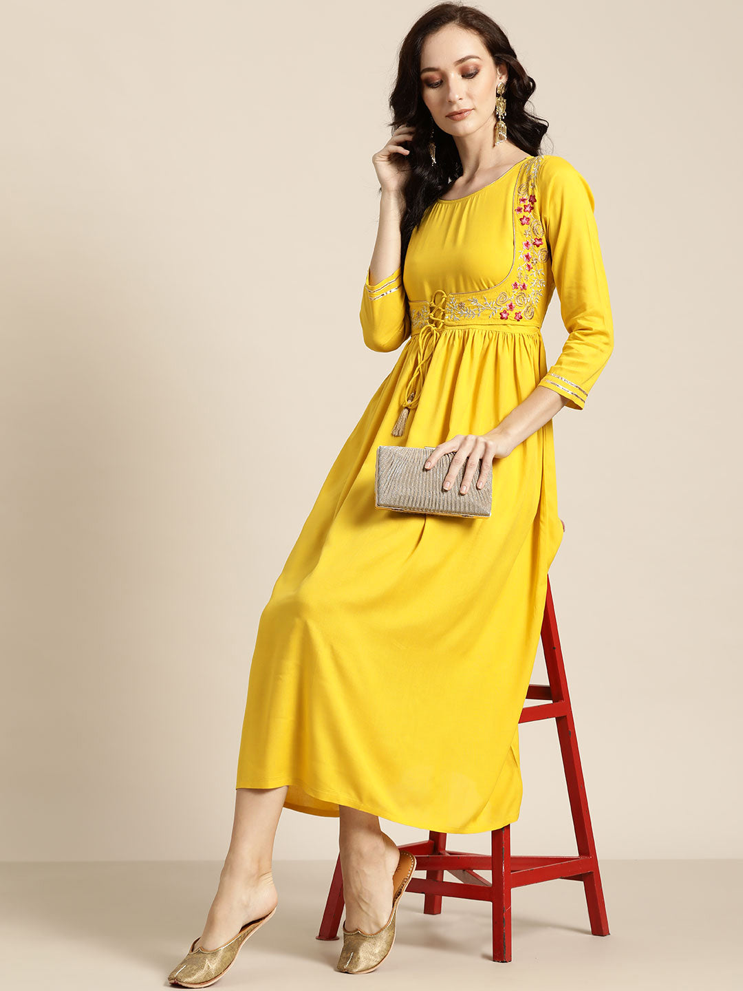 Yellow Zari Embroidered Liva Dress With Jacket
