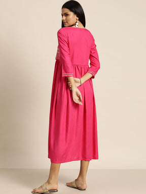 Fuchsia Zari Embroidered Liva Dress With Jacket