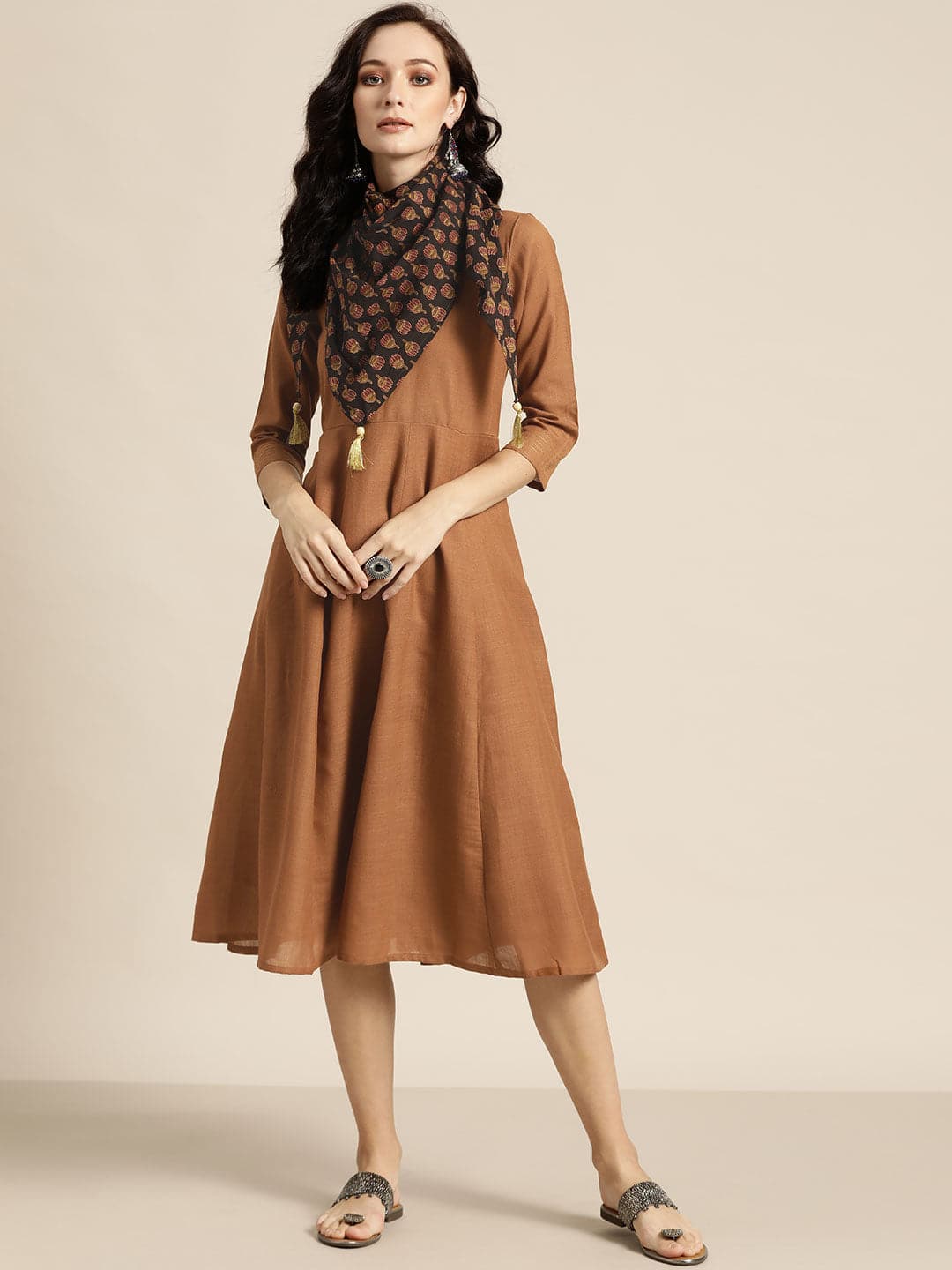 Brown Anarkali Dress With Printed Scarf-Dress-SASSAFRAS