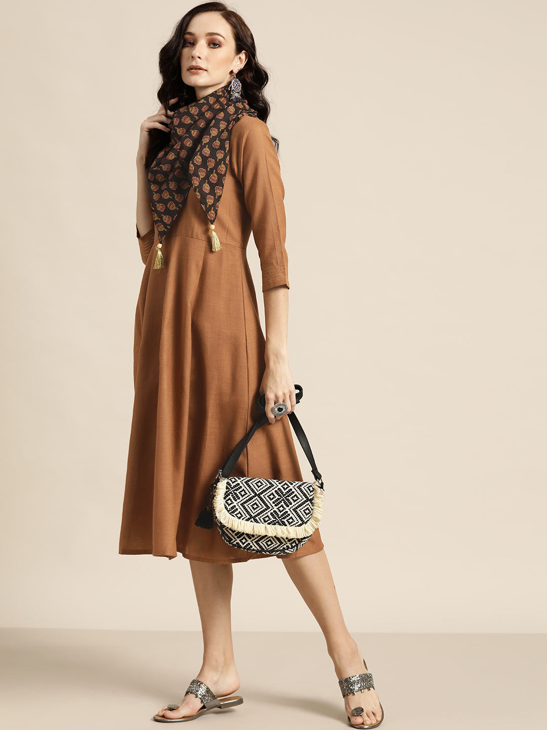 Brown Anarkali Dress With Printed Scarf