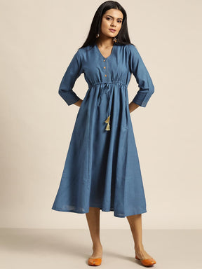 Blue Drawstring Anarkali Dress-Dress-SASSAFRAS
