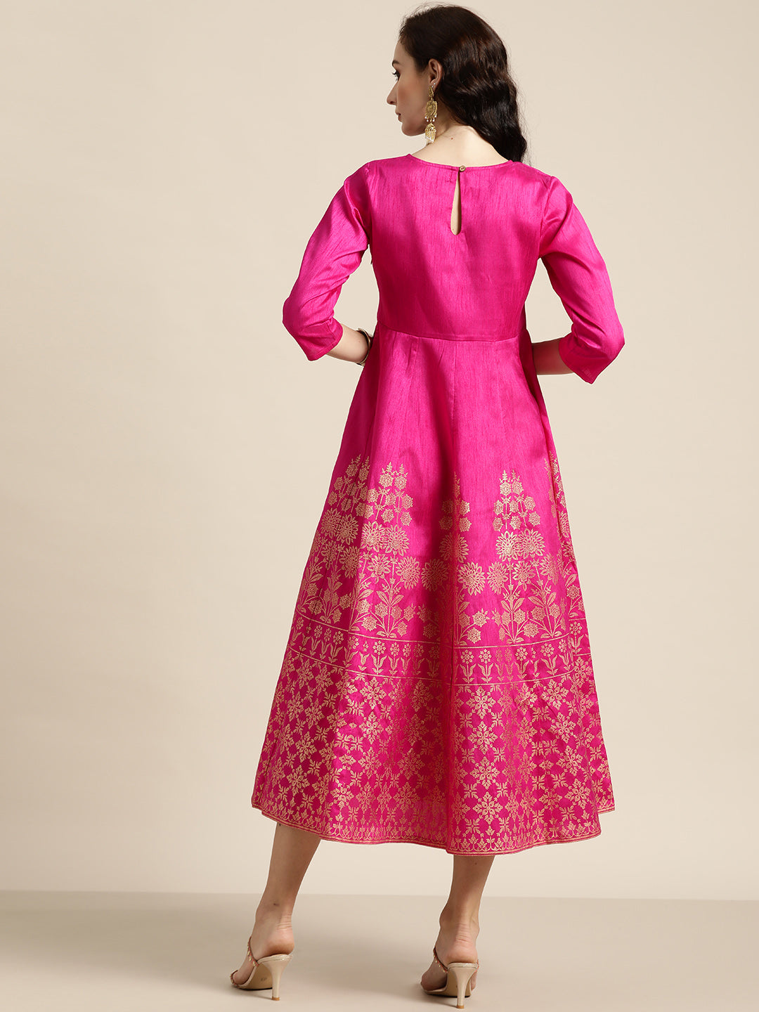 Fuchsia Foil Print Anarkali Maxi Dress