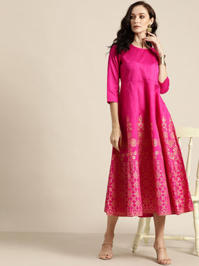 Fuchsia Foil Print Anarkali Maxi Dress