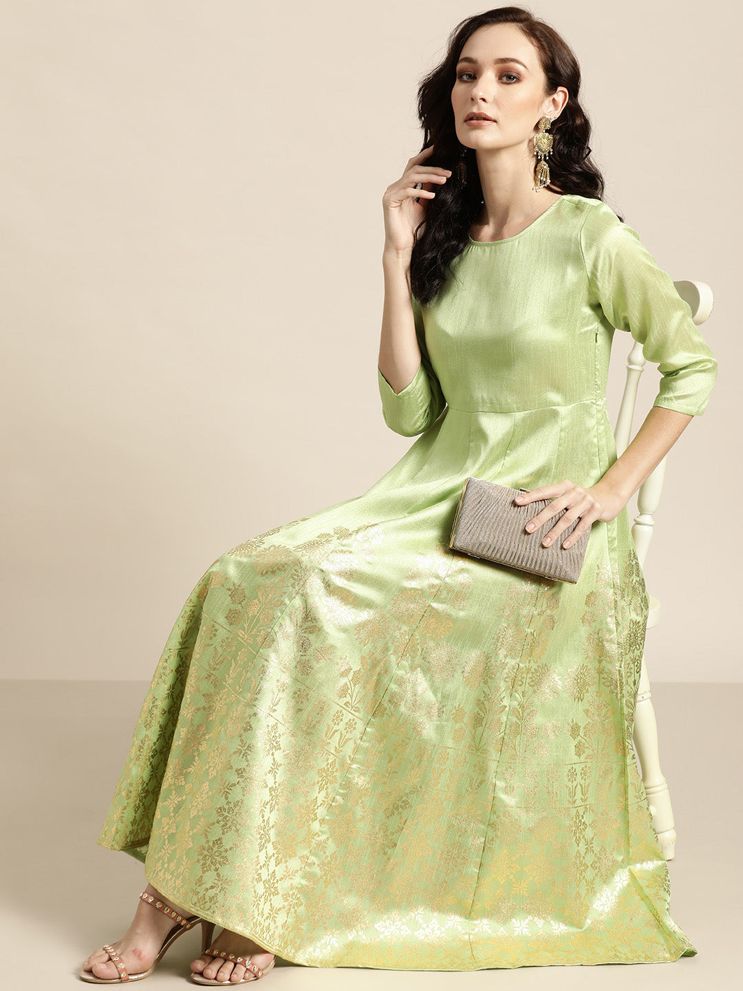 Mint Green Foil Print Anarkali Maxi Dress