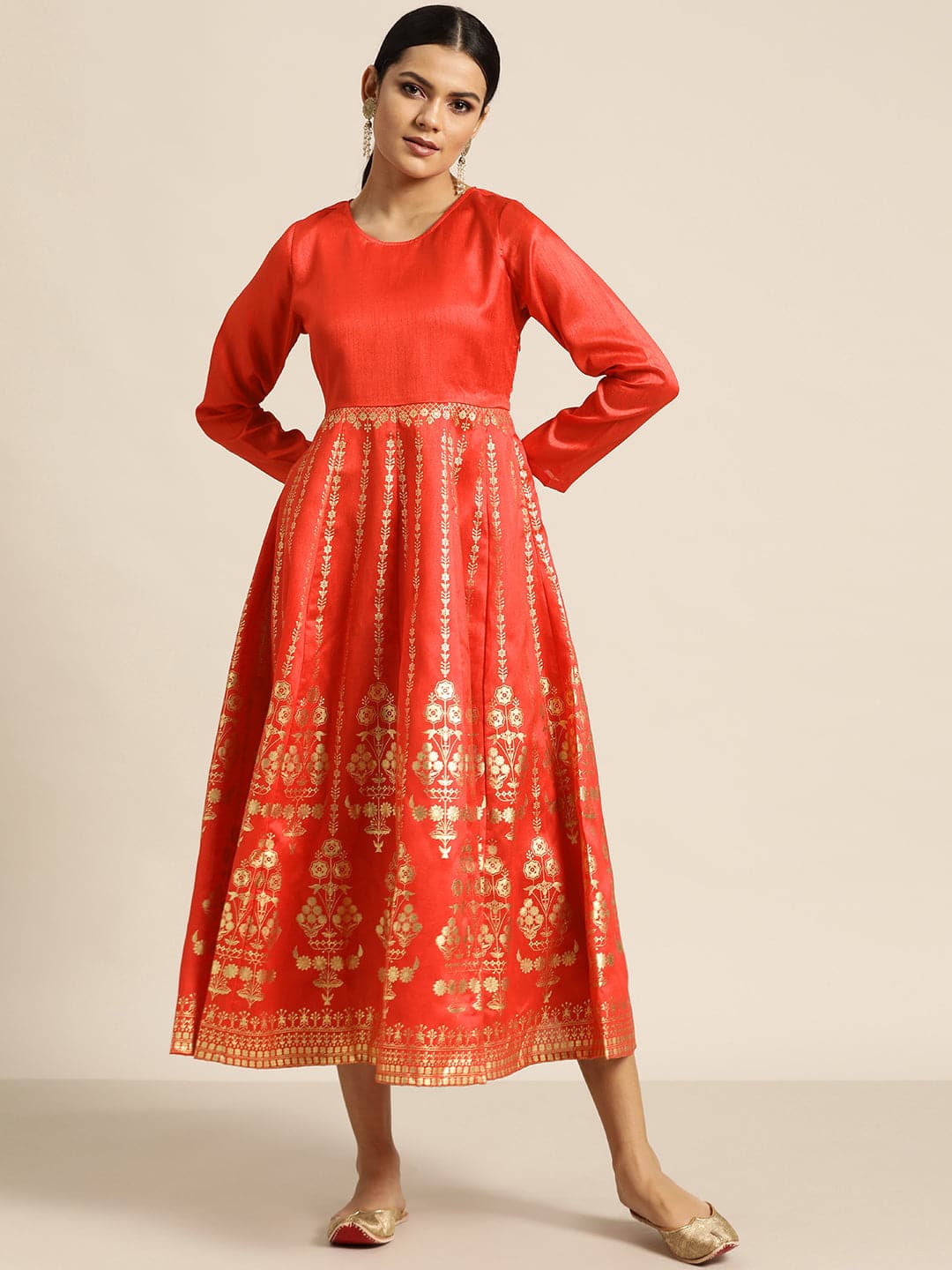 Red Gold Foil Print Anarkali Maxi Dress-Dress-SASSAFRAS