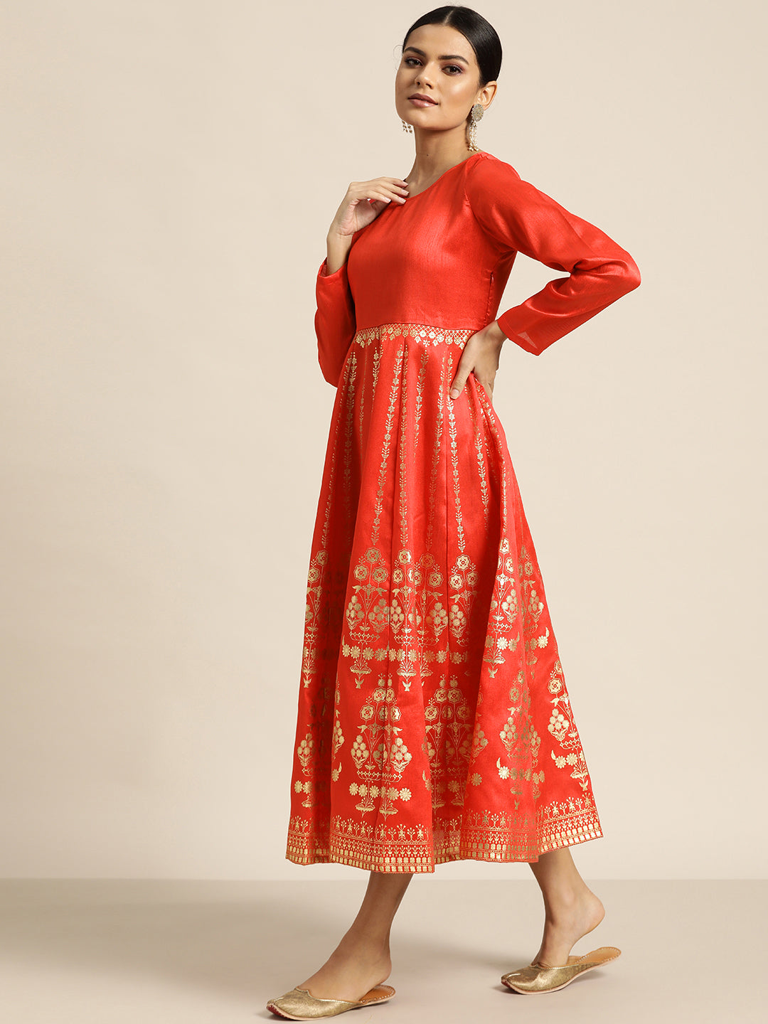 Red Gold Foil Print Anarkali Maxi Dress