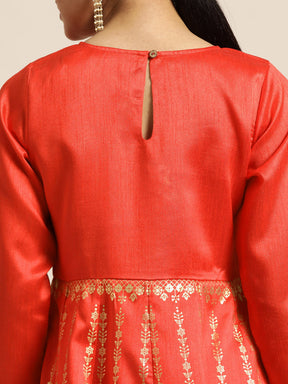 Red Gold Foil Print Anarkali Maxi Dress