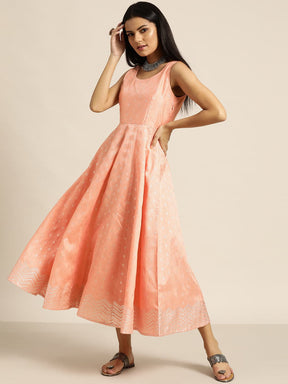 Peach Silver Foil Print Anarkali Maxi Dress-Dress-SASSAFRAS