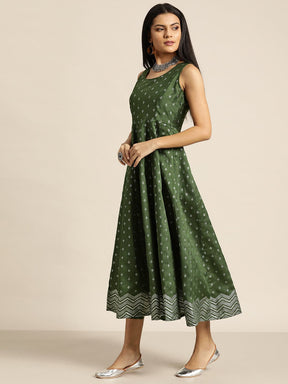 Dark Green Silver Foil Print Anarkali Maxi Dress-Dress-SASSAFRAS