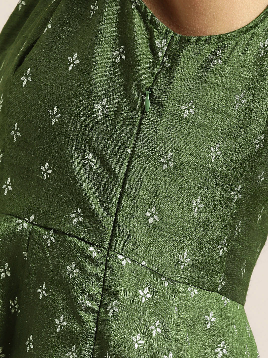 Dark Green Silver Foil Print Anarkali Maxi Dress