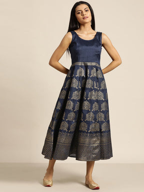 Navy Foil Print Sleeveless Anarkali Maxi Dress-Dress-SASSAFRAS