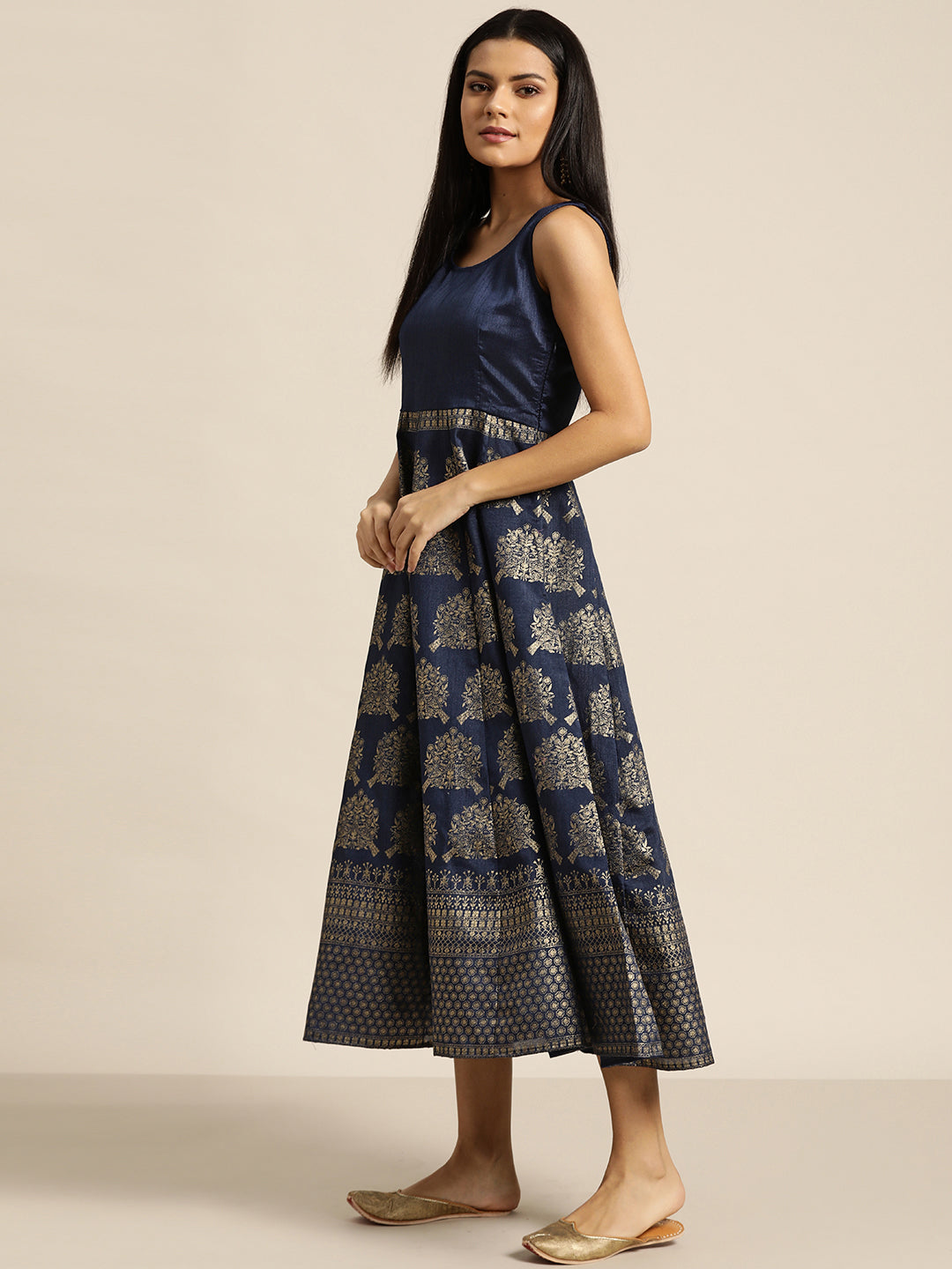 Navy Foil Print Sleeveless Anarkali Maxi Dress