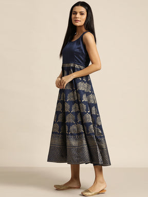 Navy Foil Print Sleeveless Anarkali Maxi Dress