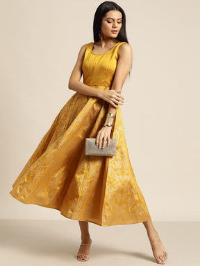 Mustard Foil Print Sleeveless Anarkali Maxi Dress-Dress-SASSAFRAS