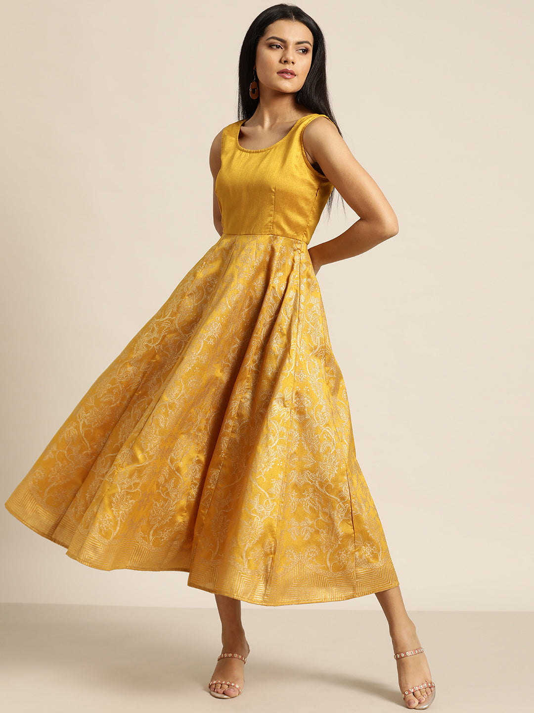 Mustard Foil Print Sleeveless Anarkali Maxi Dress